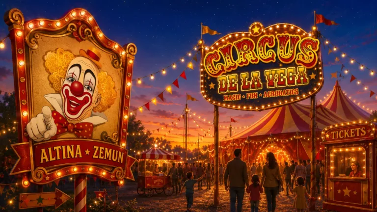 Cirkus Delavega na Altini u Zemunu sa osvetljenim šatorom, klovnom i posetiocima ispred ulaza.
