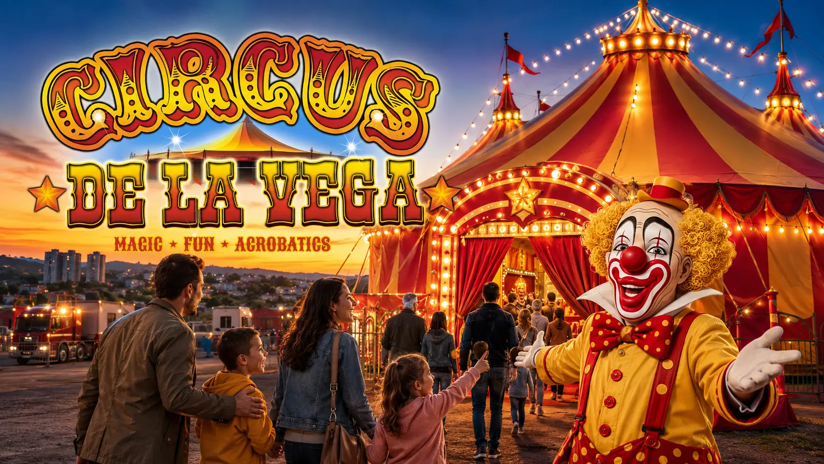 Cirkus Delavega na Altini u Zemunu sa osvetljenim šatorom, klovnom i porodicama koje dolaze na predstavu.