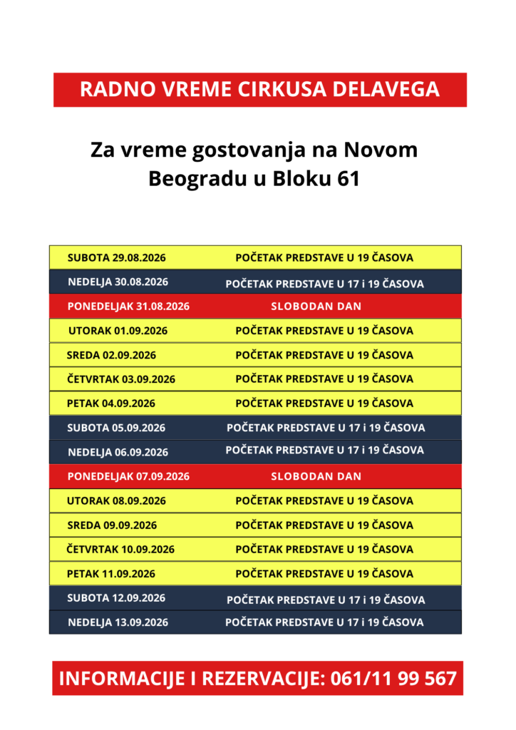 Radno vreme cirkusa tokom gostovanja na Novom Beogradu