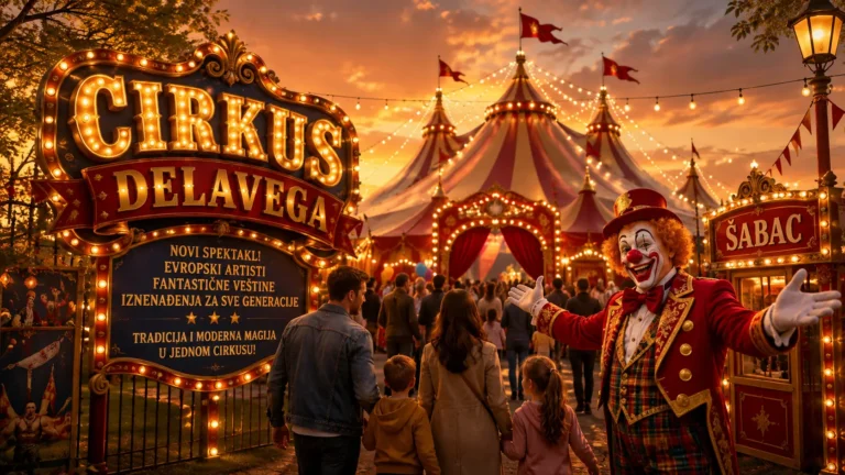 Cirkus Delavega u Šapcu na Vašarištu sa cirkuskom šatrom i porodicama pred početak predstave